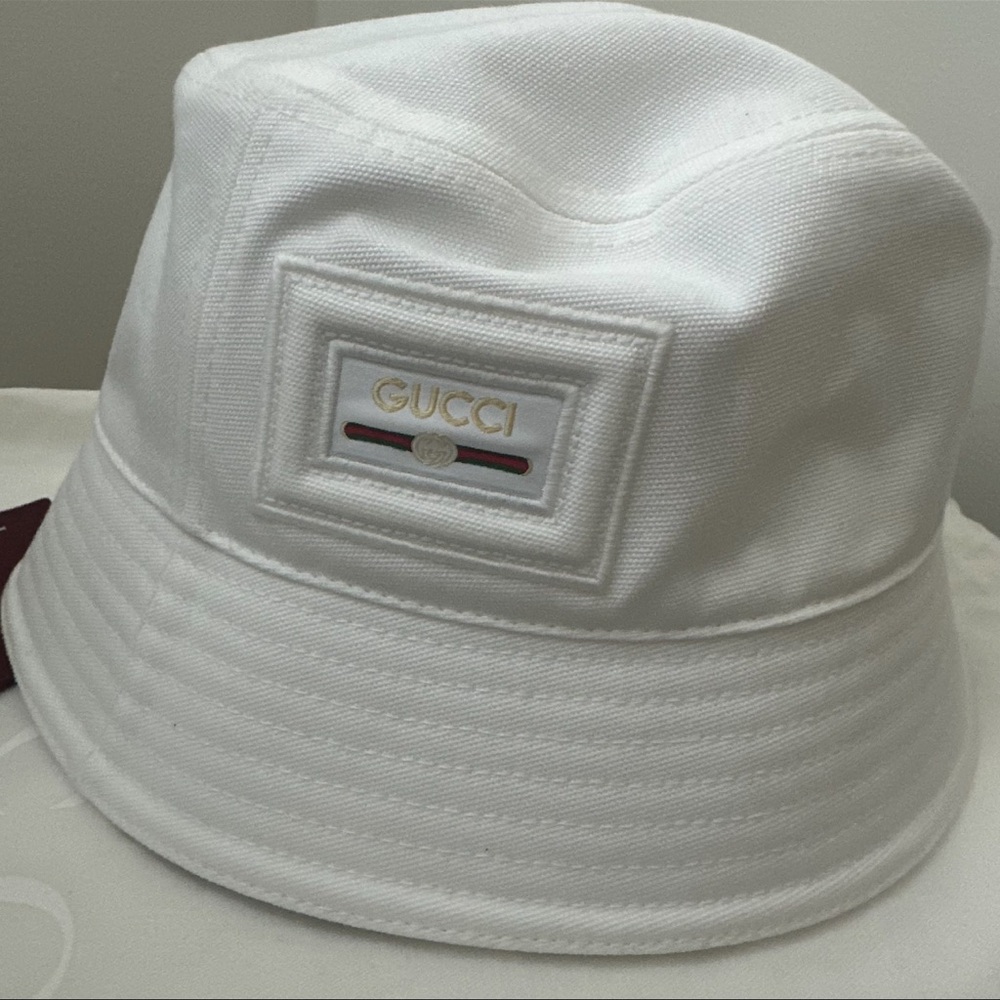 Gucci White Logo Cotton Canvas Bucket Hat Unisex Medium - Picture 3 of 6